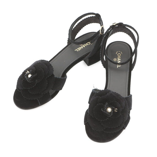Chanel Sandals CC Logo Camellia Heels Velvet 39c Shoes Black
