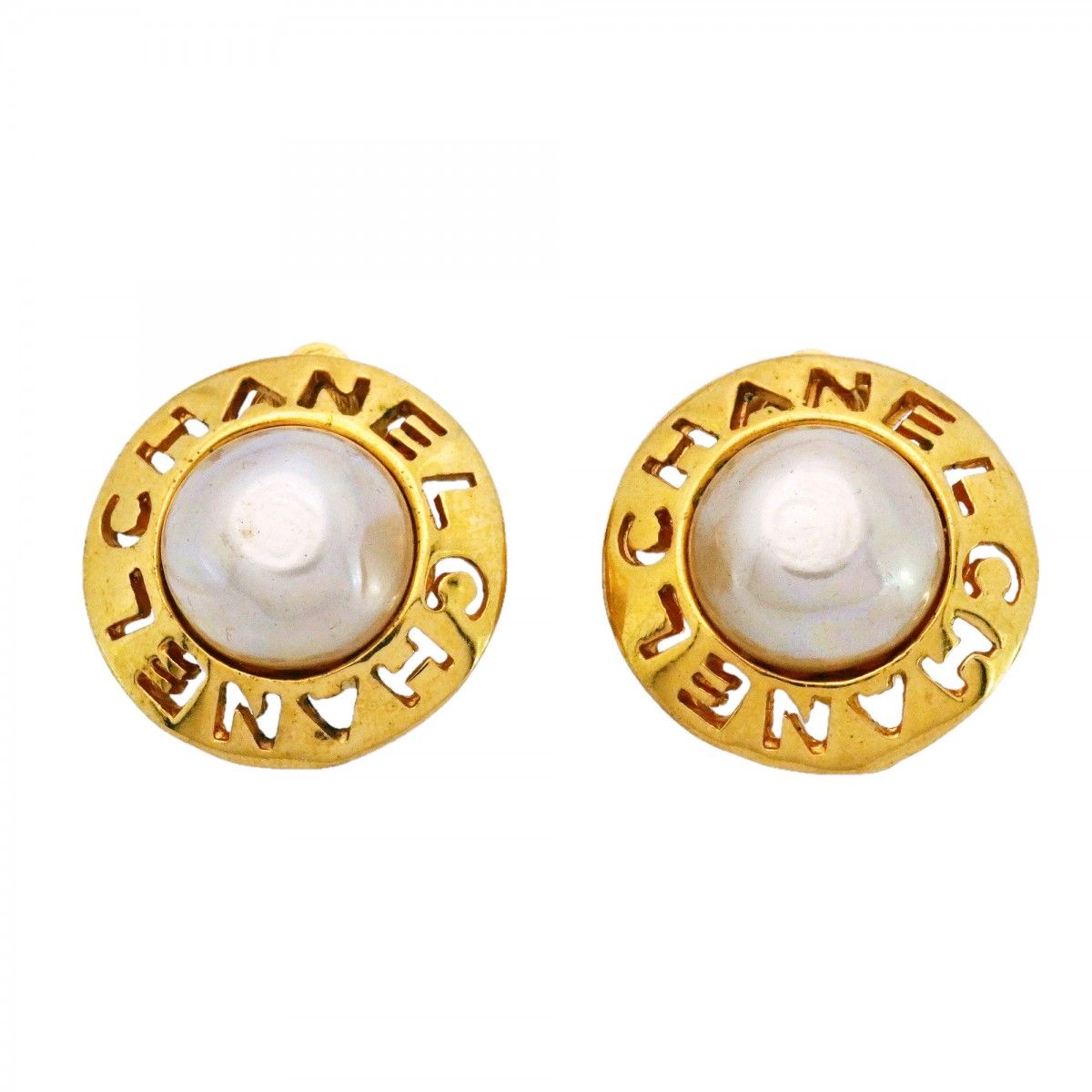 Chanel Earrings Vintage Logo Gold Plated Faux Pearl