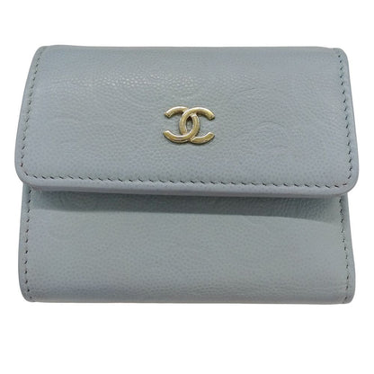 Chanel Wallet Trifold Caviar Leather Camellia Light Blue Gold Compact