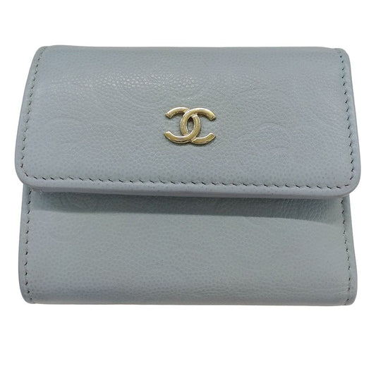Chanel Wallet Trifold Caviar Leather Camellia Light Blue Gold Compact