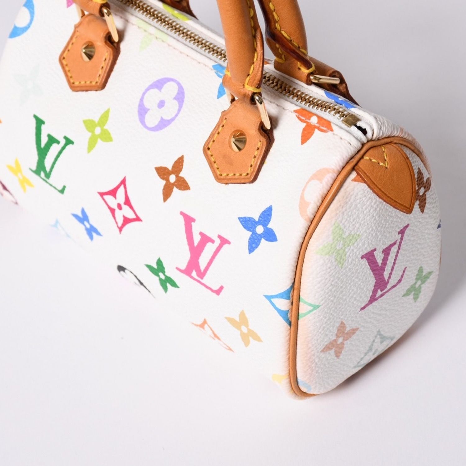 Louis Vuitton Monogram Multicolor Mini Speedy Handbag Vachetta Leather White — view 7