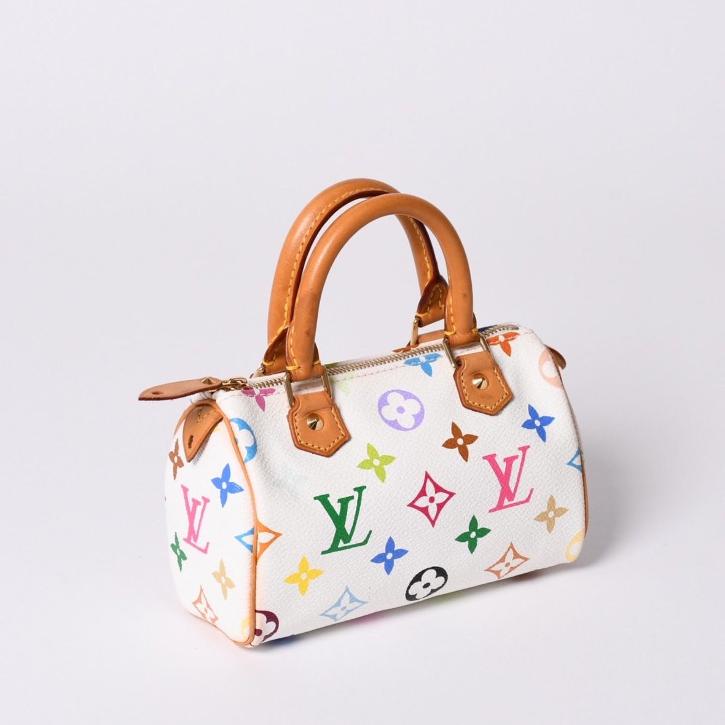 Louis Vuitton Monogram Multicolor Mini Speedy Handbag Vachetta Leather White — view 3