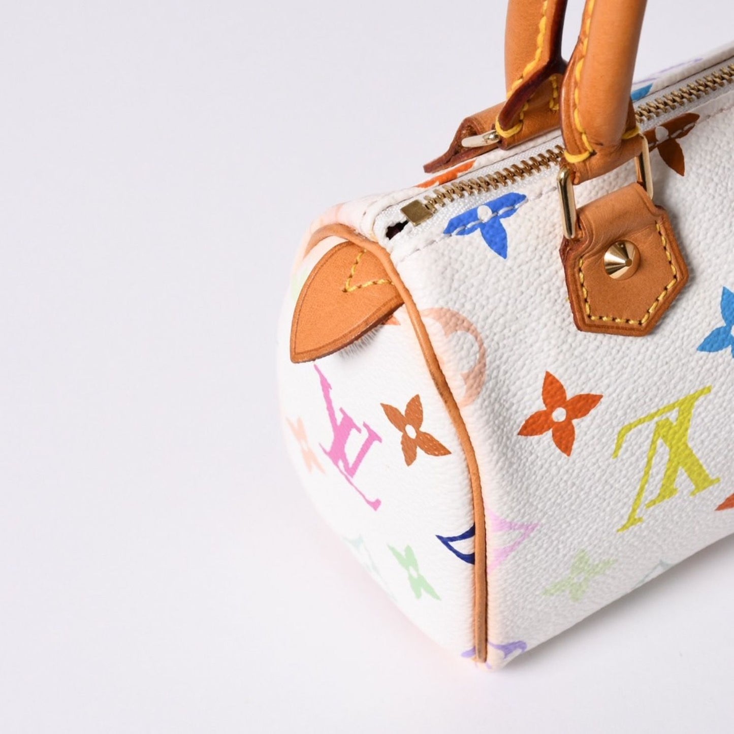 Louis Vuitton Monogram Multicolor Mini Speedy Handbag Vachetta Leather White — view 8