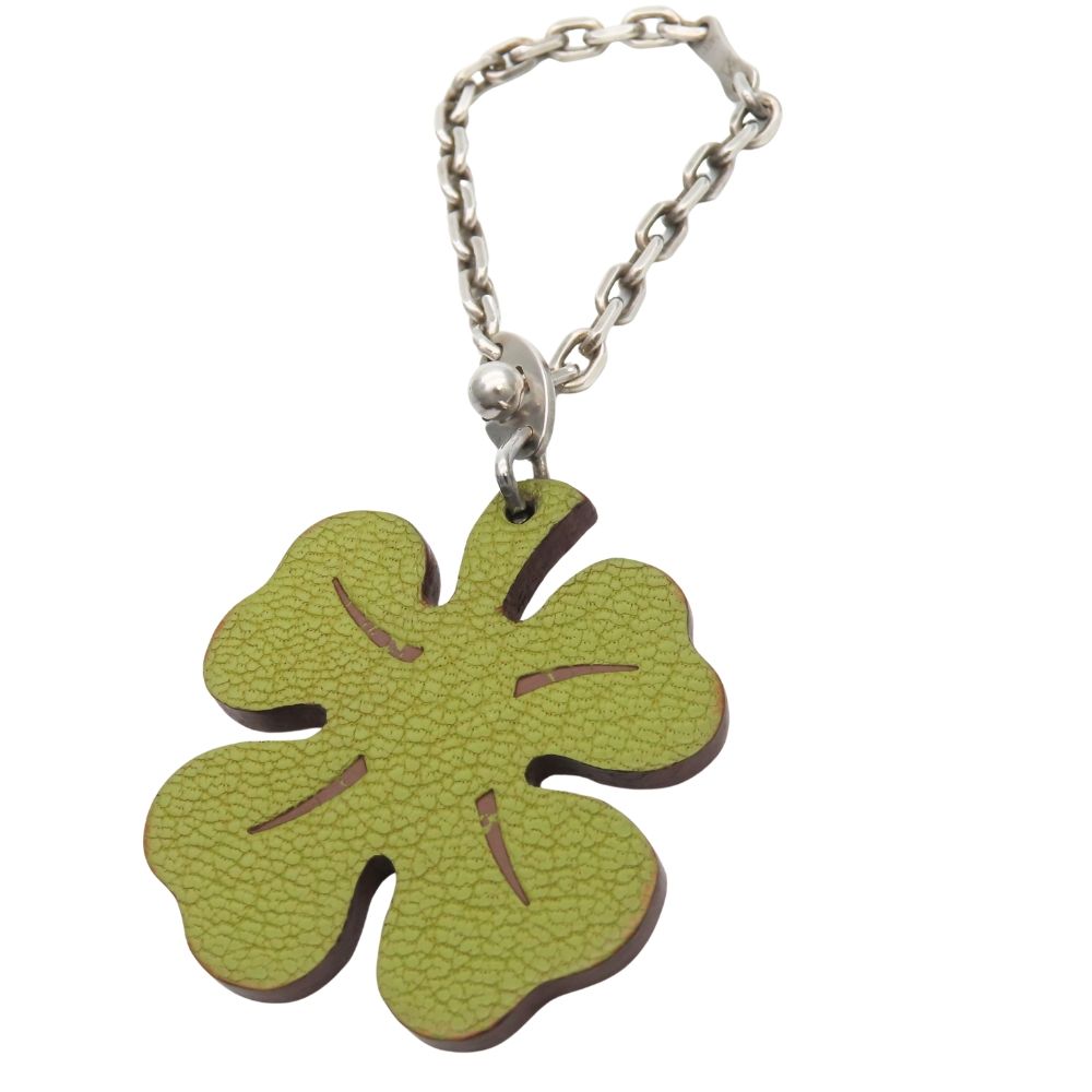 Hermes Bag Charm Clover Leather 925 Sterling Silver Green Orange Key Holder