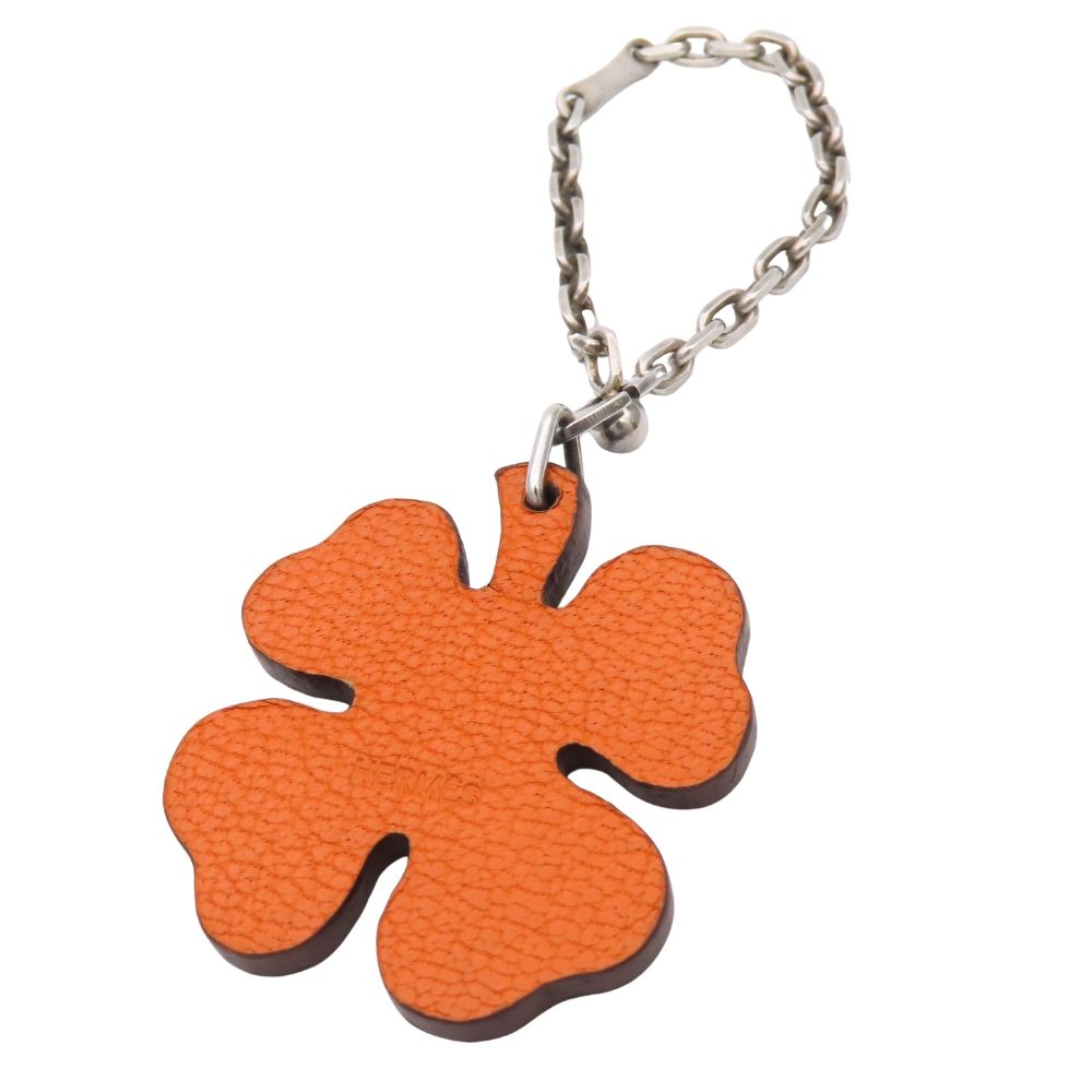 Hermes Bag Charm Clover Leather 925 Sterling Silver Green Orange Key Holder — view 2