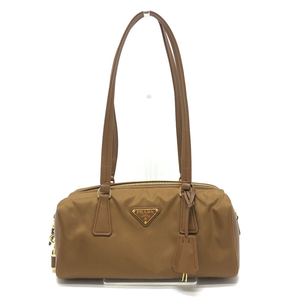 Prada Shoulder Bag with Padlock Top Handle Nylon Leather Brown
