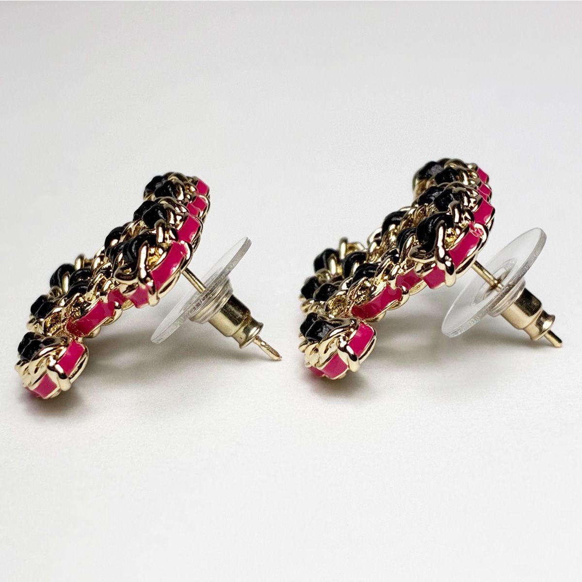 Chanel CC Logo Rope Motif Earrings Gold Pink Black — view 2