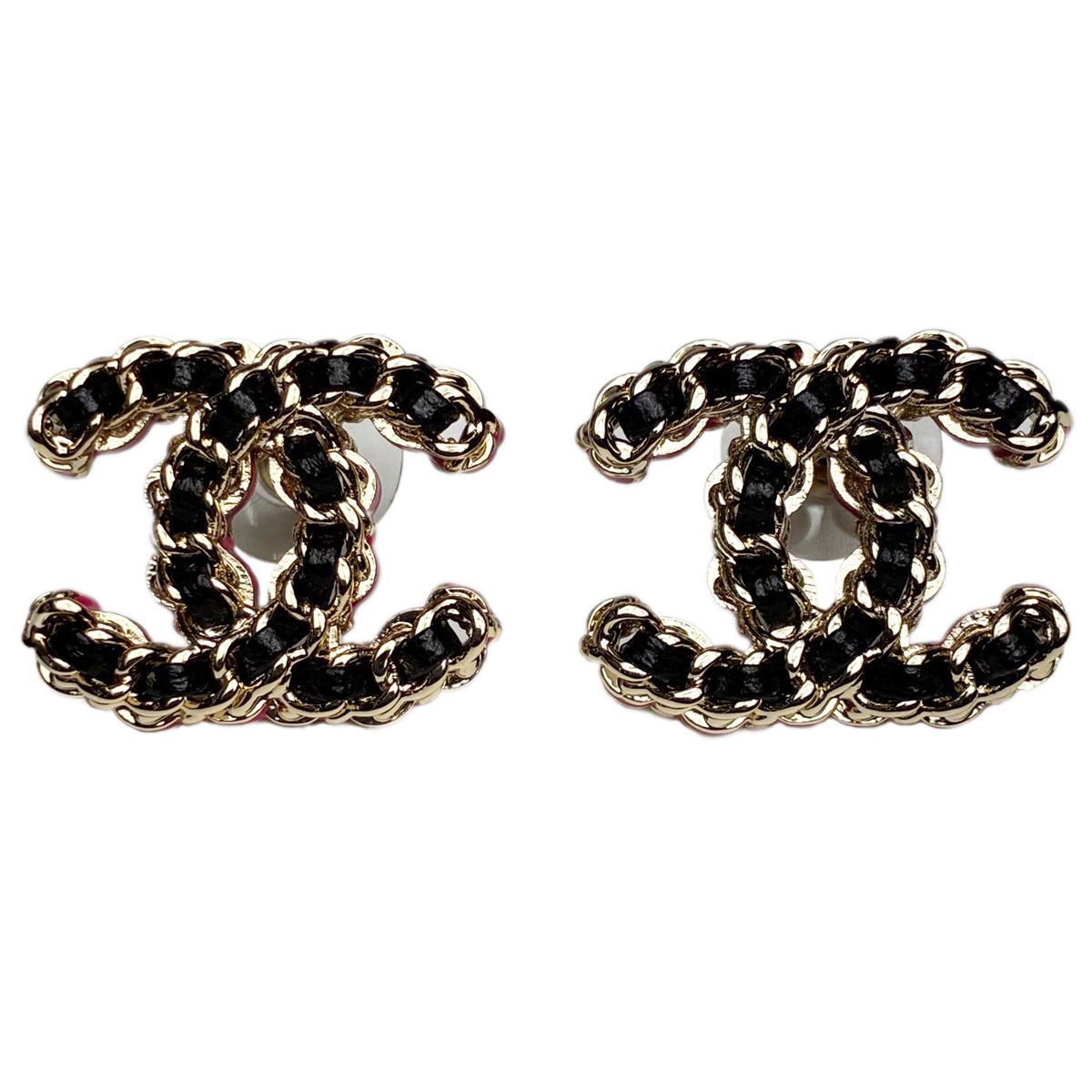 Chanel CC Logo Rope Motif Earrings Gold Pink Black