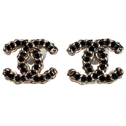 Chanel CC Logo Rope Motif Earrings Gold Pink Black