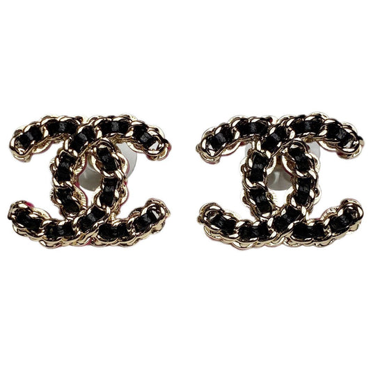 Chanel CC Logo Rope Motif Earrings Gold Pink Black