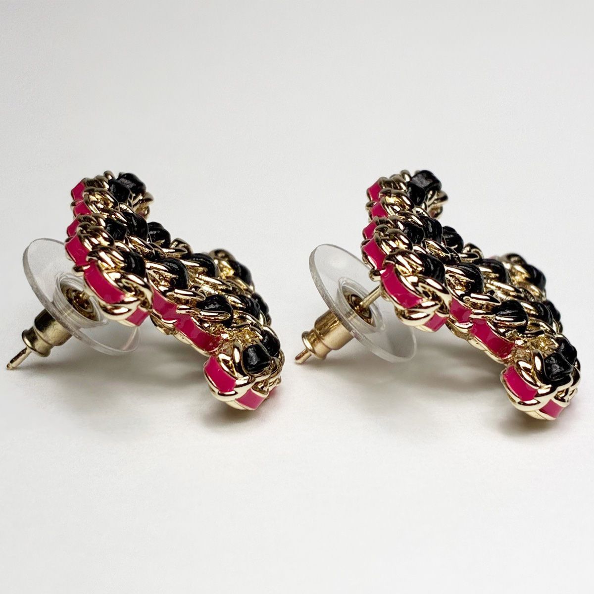 Chanel CC Logo Rope Motif Earrings Gold Pink Black — view 4