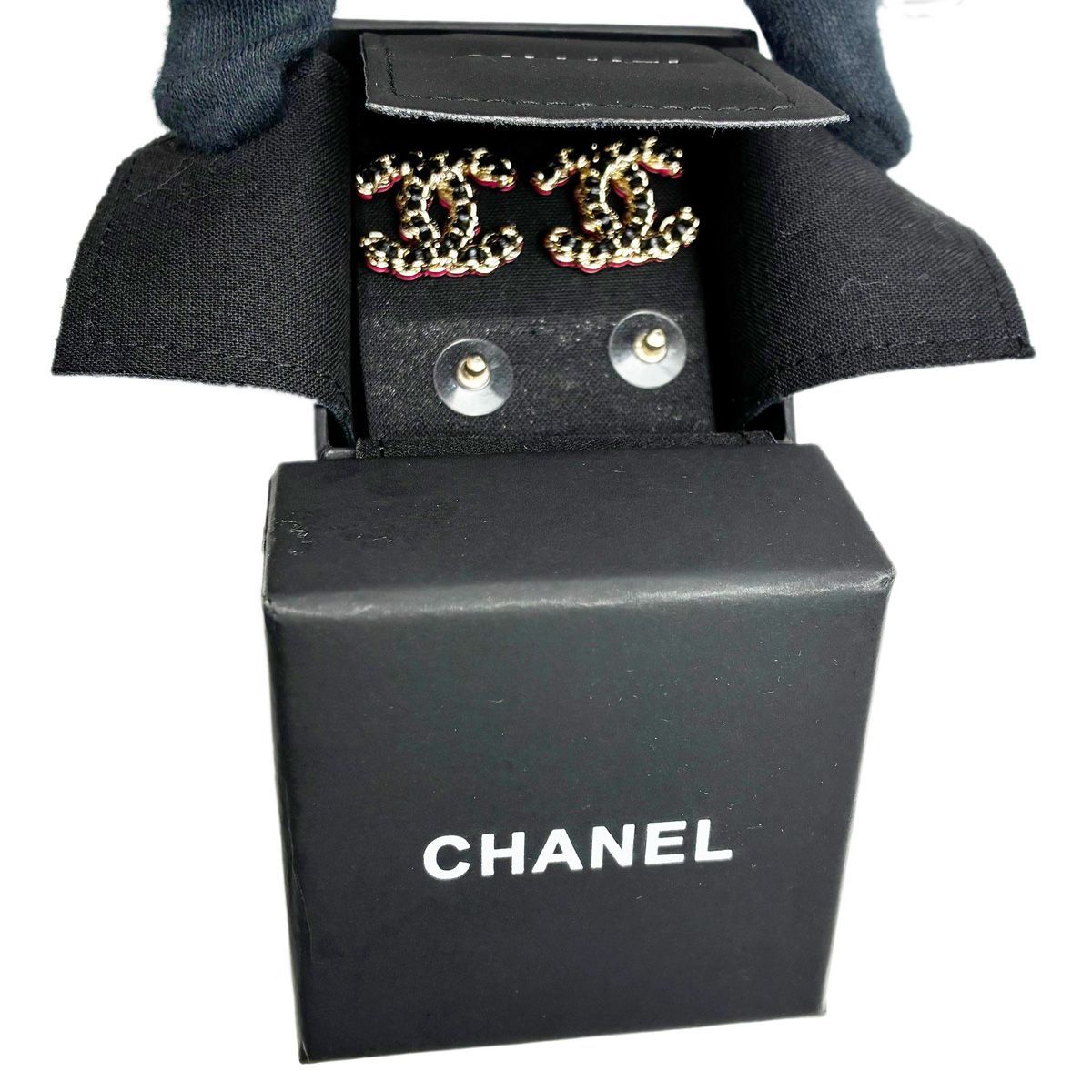 Chanel CC Logo Rope Motif Earrings Gold Pink Black — view 7