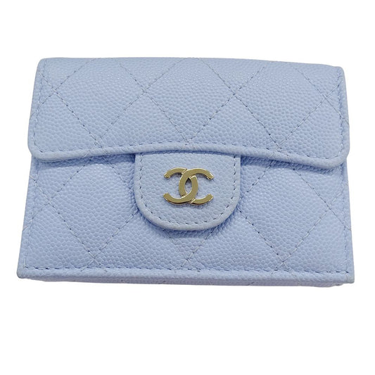 Chanel Wallet Trifold Caviar Leather Quilted Light Blue Gold Compact Mini