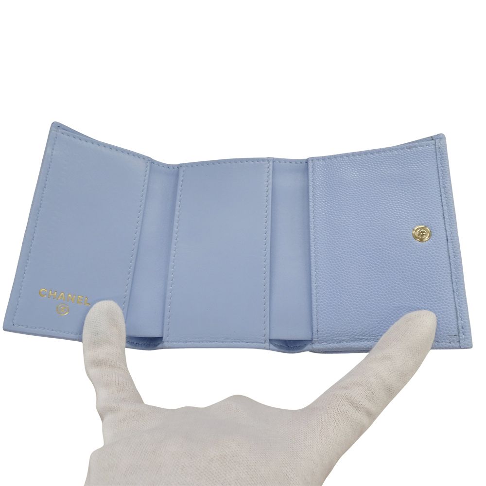 Chanel Wallet Trifold Caviar Leather Quilted Light Blue Gold Compact Mini — view 5