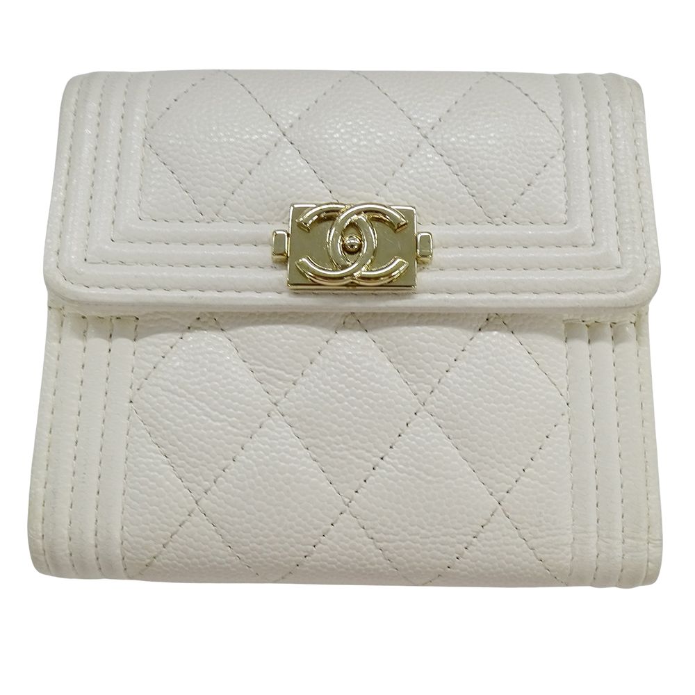 Chanel Wallet Trifold Caviar Leather Boy White Gold Compact