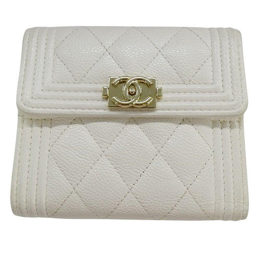 Chanel Wallet Trifold Caviar Leather Boy White Gold Compact