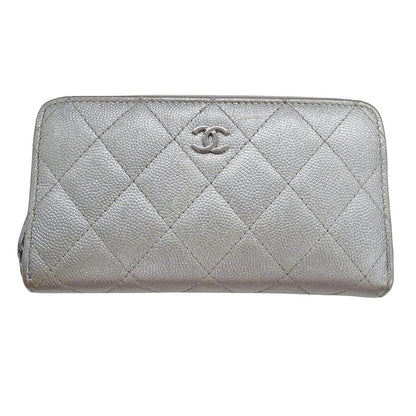 Chanel Wallet Compact Caviar Leather Quilted Silver CC Logo