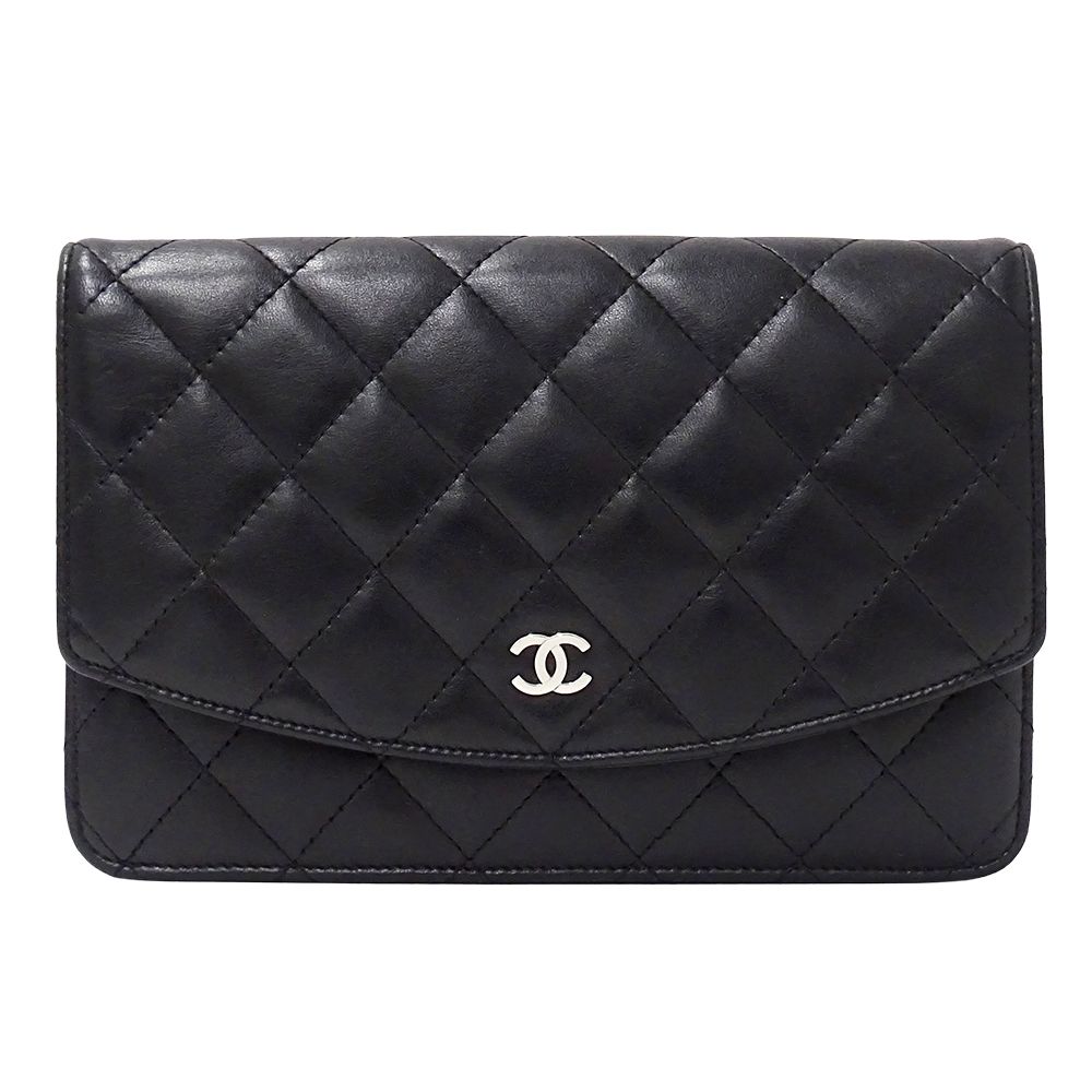 Chanel Quilted Clutch Wallet Lambskin Black Silver