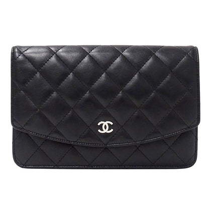 Chanel Quilted Clutch Wallet Lambskin Black Silver