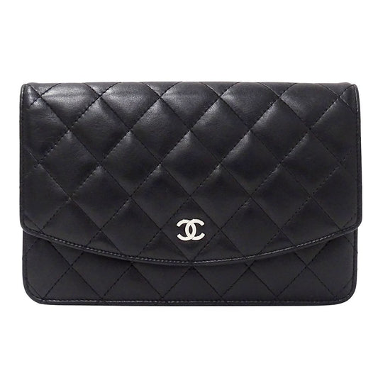 Chanel Quilted Clutch Wallet Lambskin Black Silver