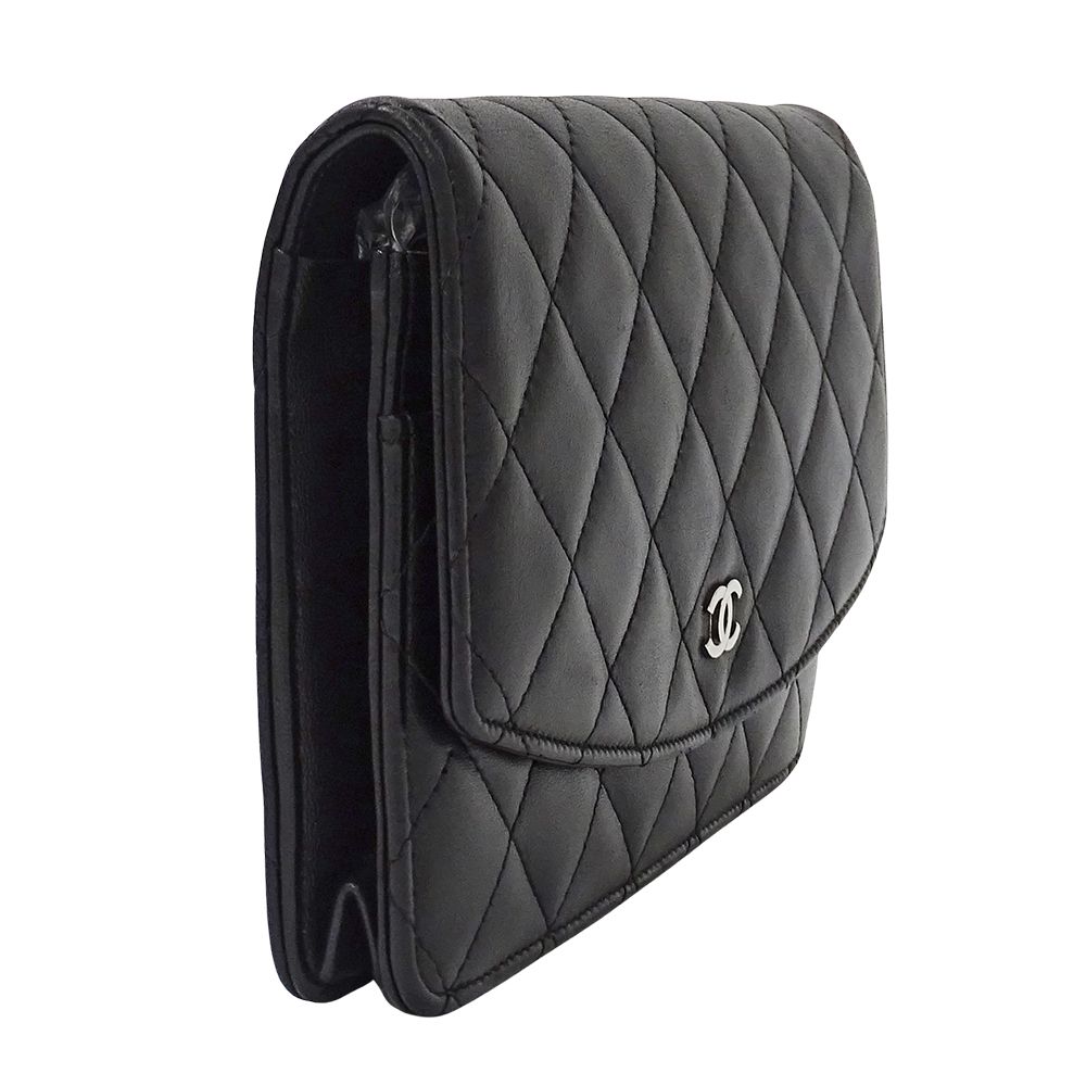 Chanel Quilted Clutch Wallet Lambskin Black Silver — view 4