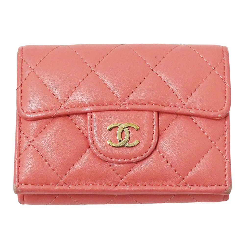 Chanel Wallet Quilted Trifold Lambskin Pink Gold Mini Small