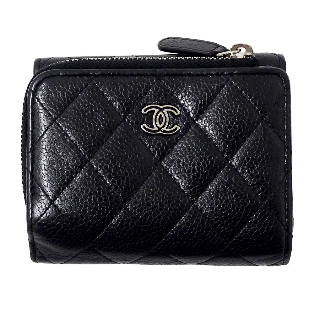 Chanel Wallet Quilted Trifold Caviar Leather Black Silver Mini