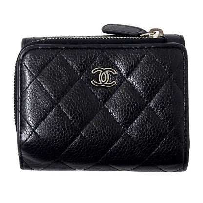 Chanel Wallet Quilted Trifold Caviar Leather Black Silver Mini