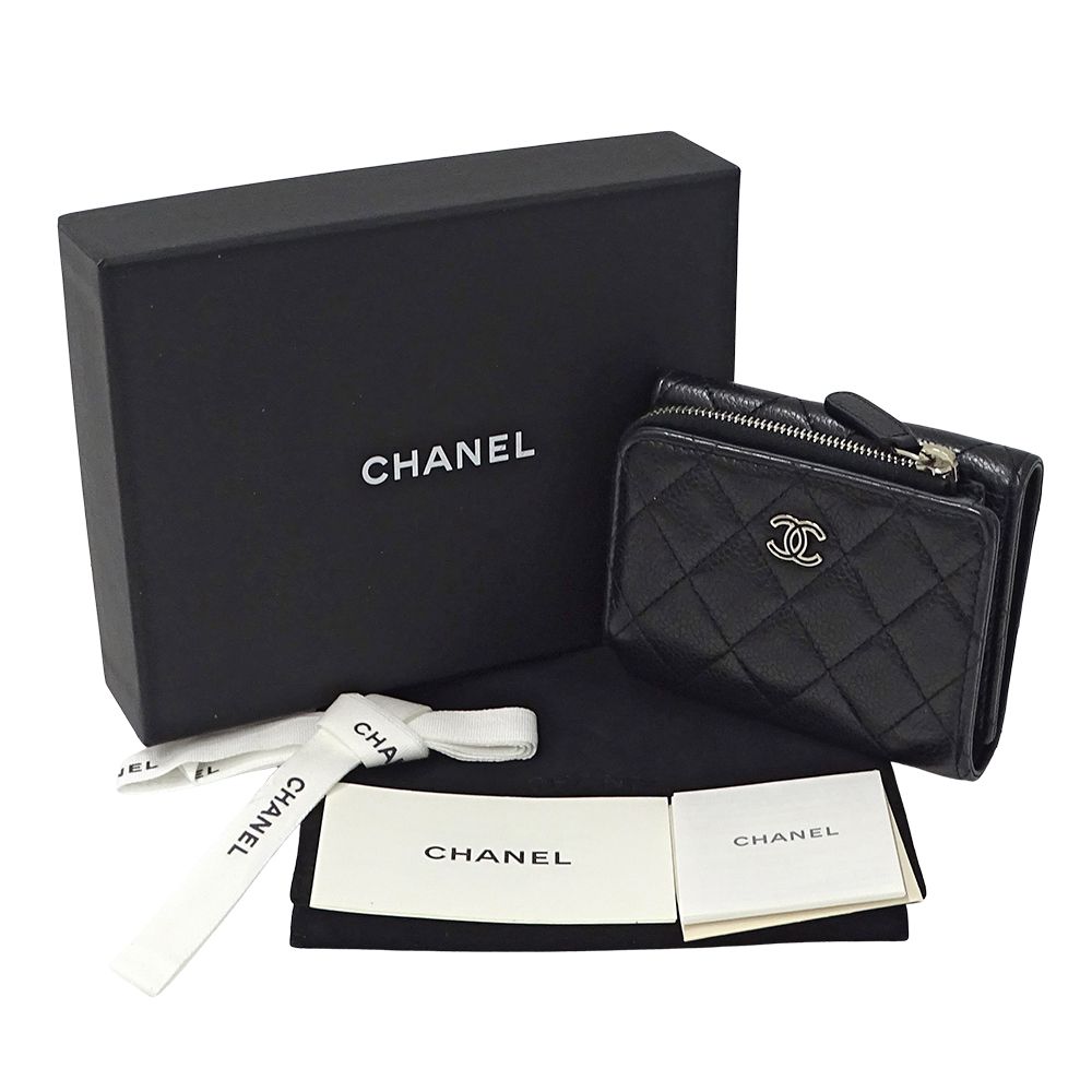 Chanel Wallet Quilted Trifold Caviar Leather Black Silver Mini — view 7