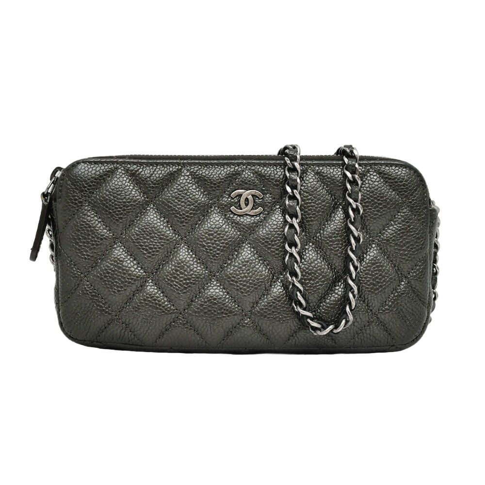 Chanel Chain Wallet Shoulder Bag Caviar Leather Metallic Green