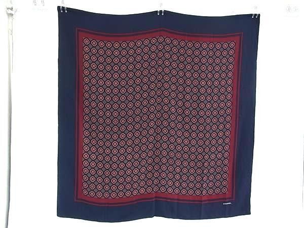 Chanel Shawl Navy Multicolor Silk 100% Large Geometric Pattern Scarf