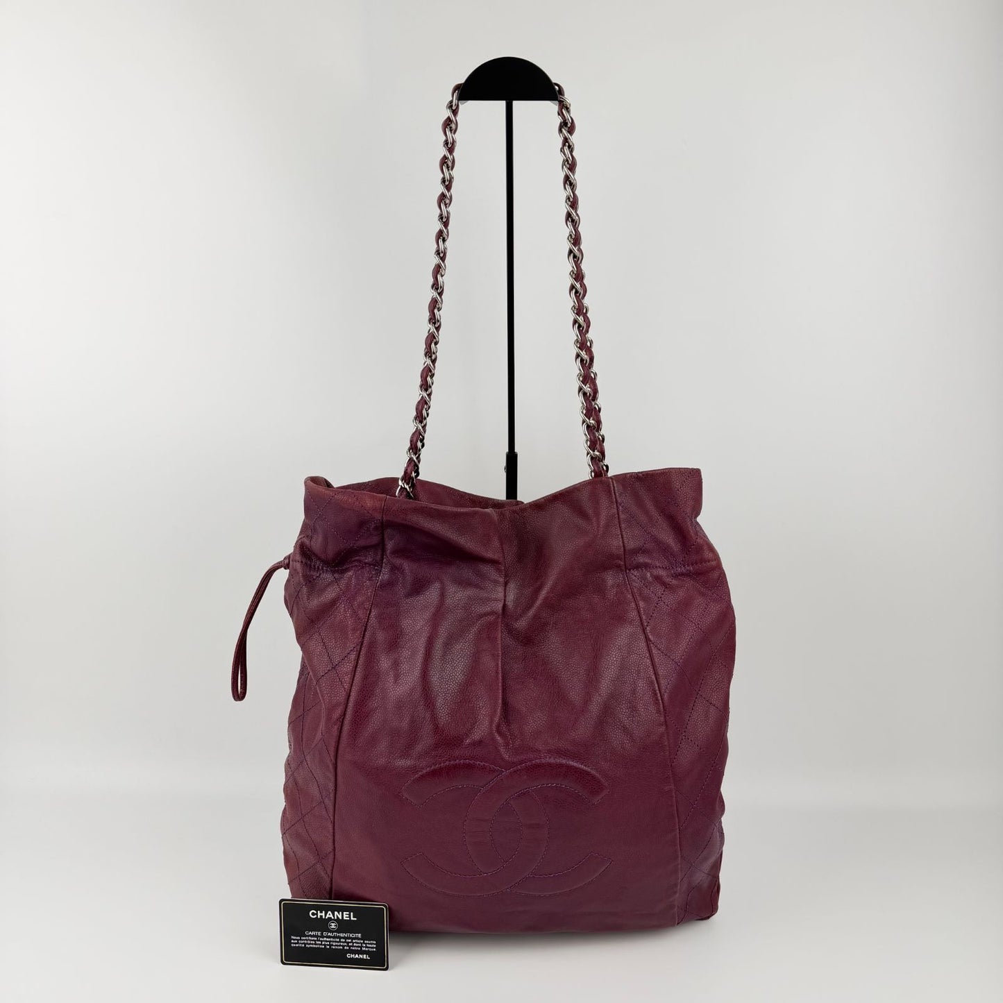 Chanel CC Logo Chain Shoulder Bag Tote Red Caviar Leather Vintage