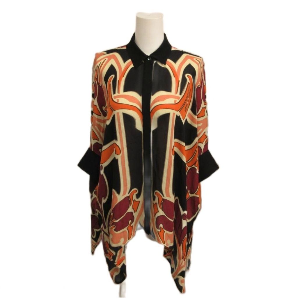 Gucci Silk Blouse All Over Pattern Dolman Sleeve 38 Black Orange