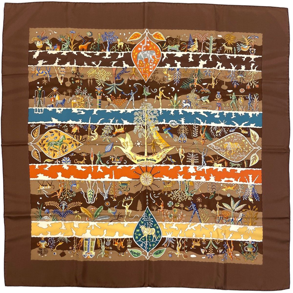 Hermes Carre 90 Rives Fertiles Rich Shore Scarf Silk Brown Multicolor