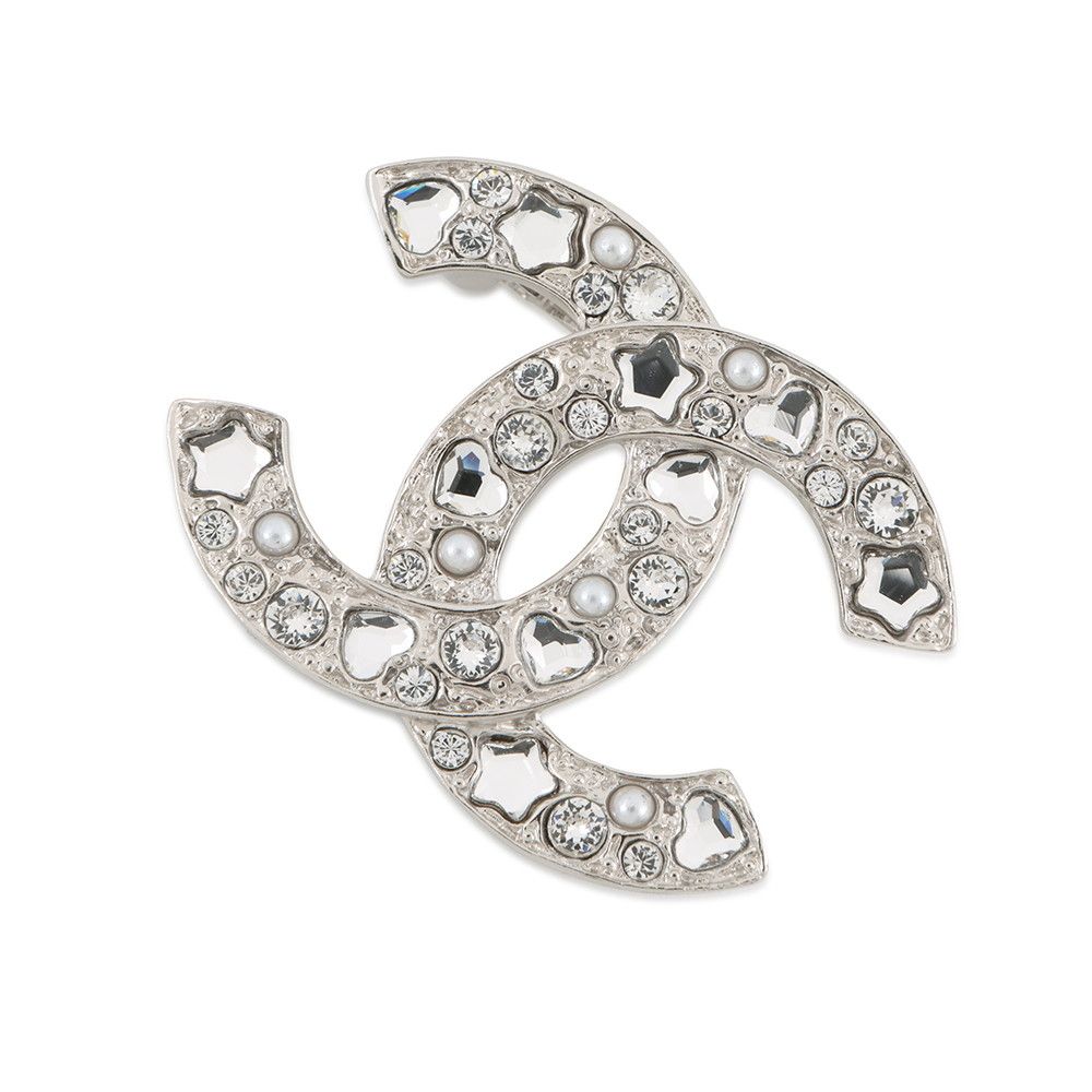 Chanel Brooch CC Logo Line Stone Faux Pearl