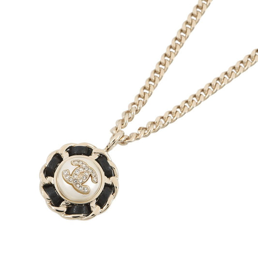 Chanel Necklace CC Logo Line Stone Faux Pearl Metal