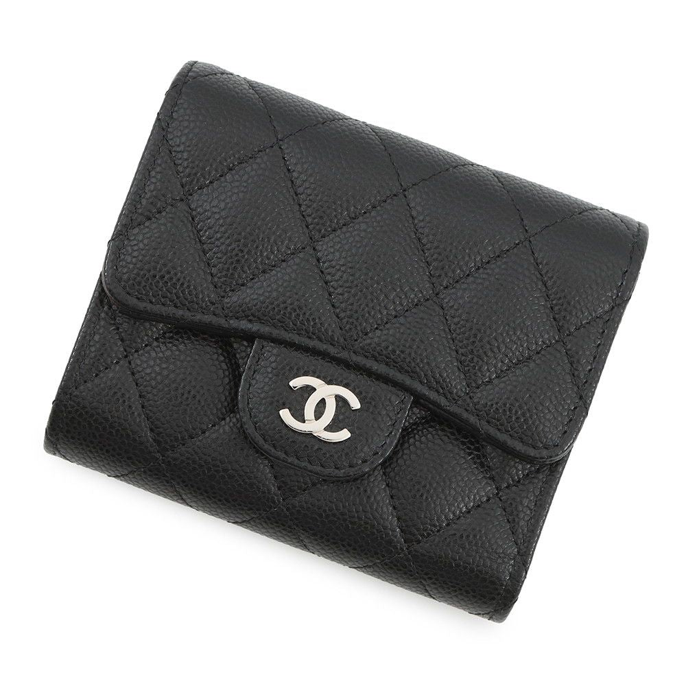 Chanel Trifold Wallet Quilted CC Logo Classic Small Flap Caviar Leather Black