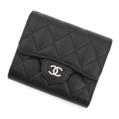 Chanel Trifold Wallet Quilted CC Logo Classic Small Flap Caviar Leather Black