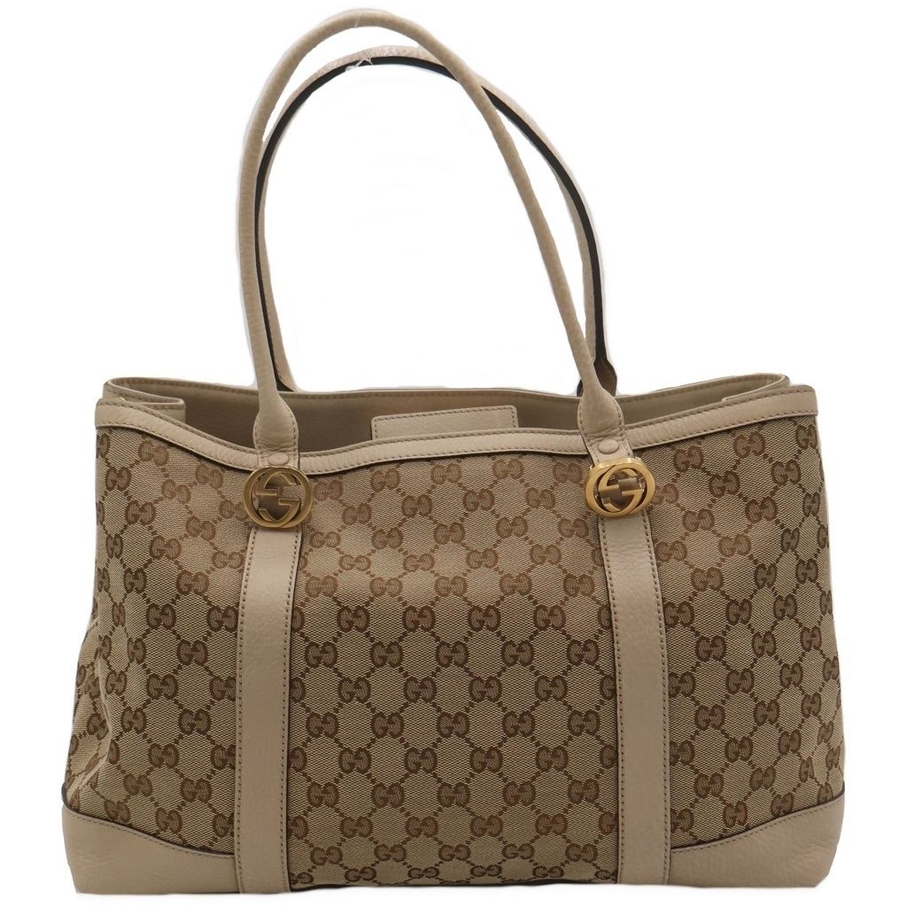 Gucci GG Canvas Tote Beige Leather Gold