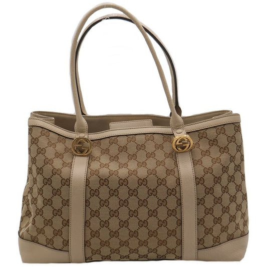 Gucci GG Canvas Tote Beige Leather Gold