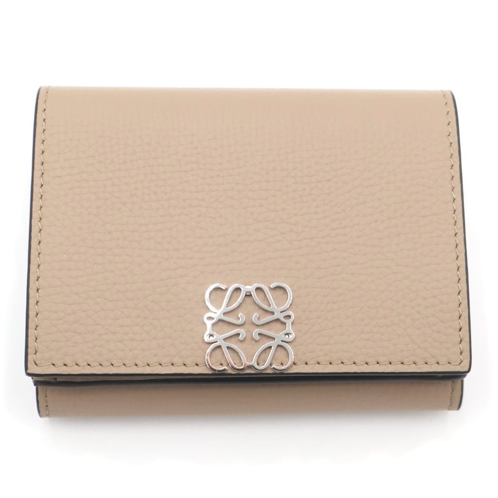 Loewe Anagram Trifold Compact Wallet Coin Case Beige Leather Silver