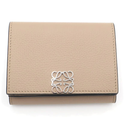 Loewe Anagram Trifold Compact Wallet Coin Case Beige Leather Silver
