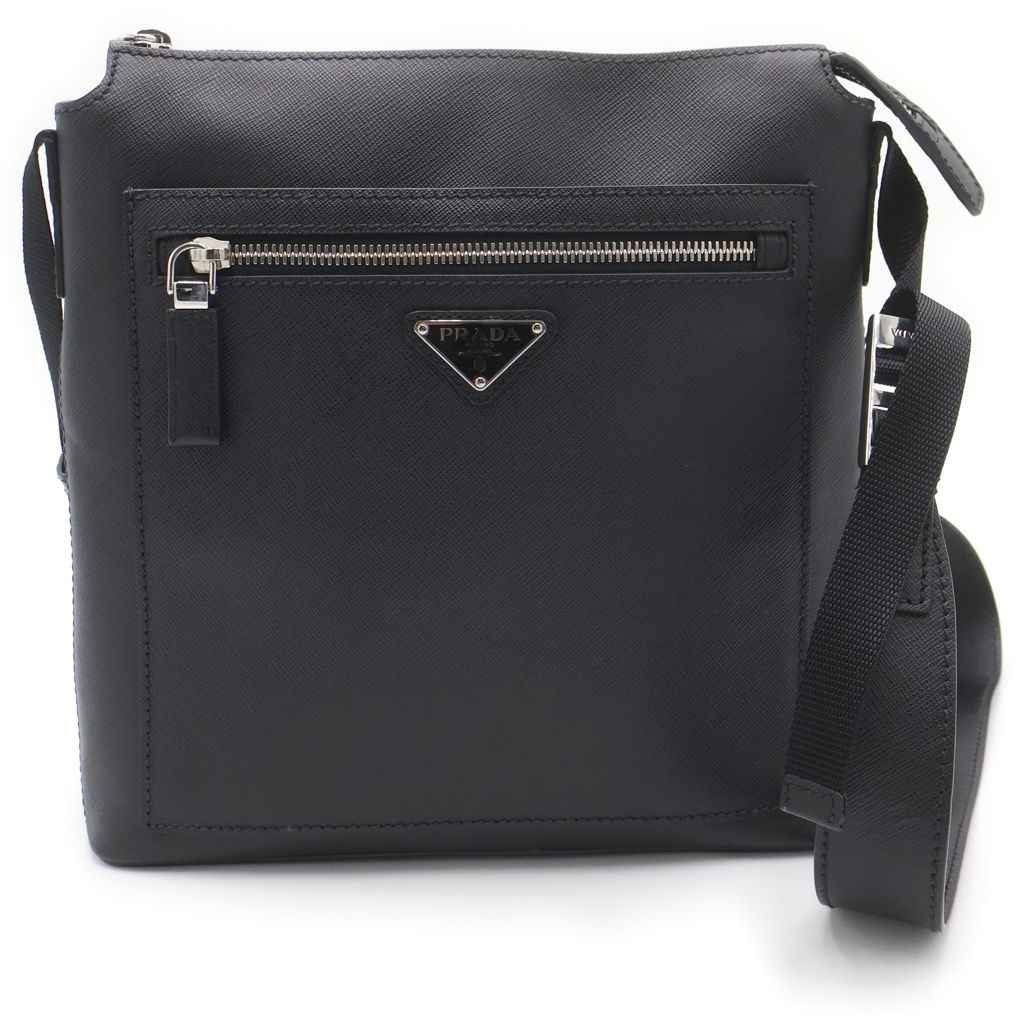Prada Saffiano Shoulder Bag Crossbody Black Leather Silver