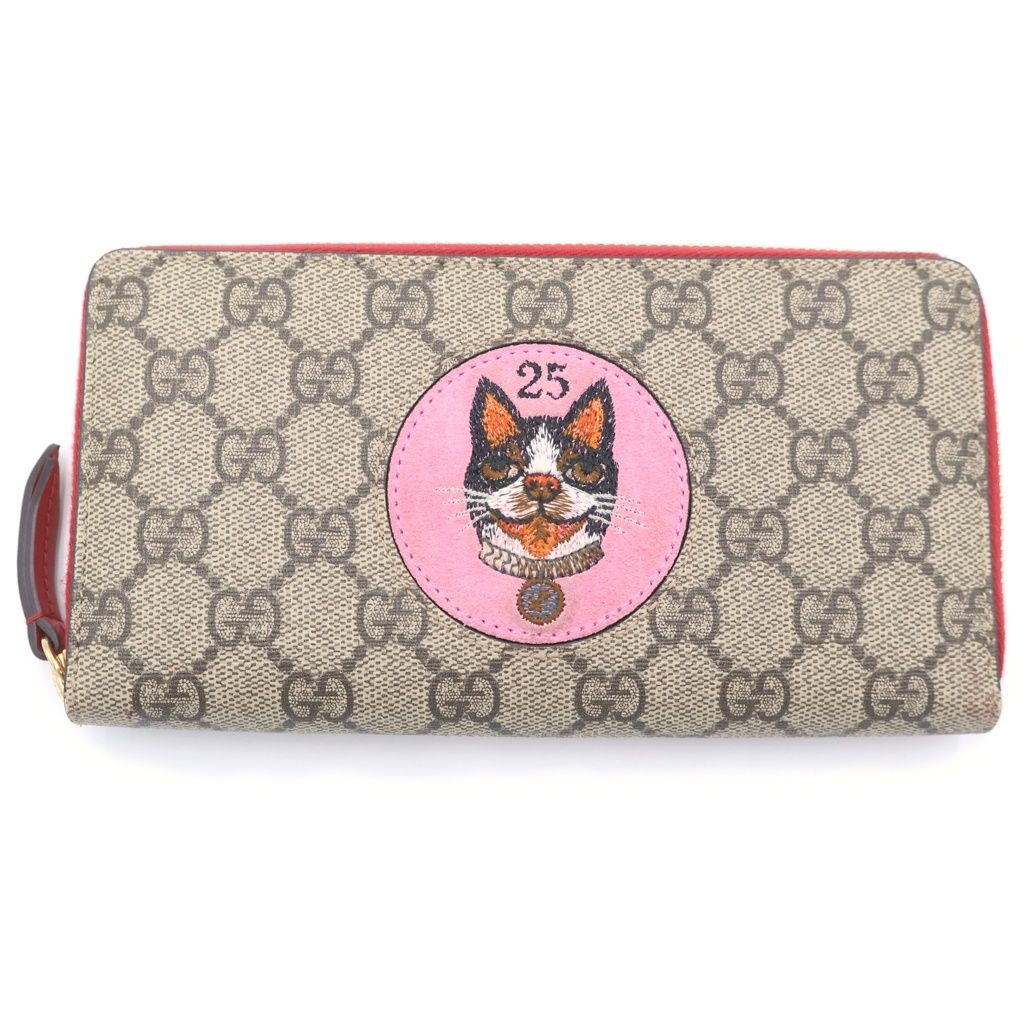 Gucci GG Supreme Bosco Zip Around Wallet Card Case Red Beige Gold