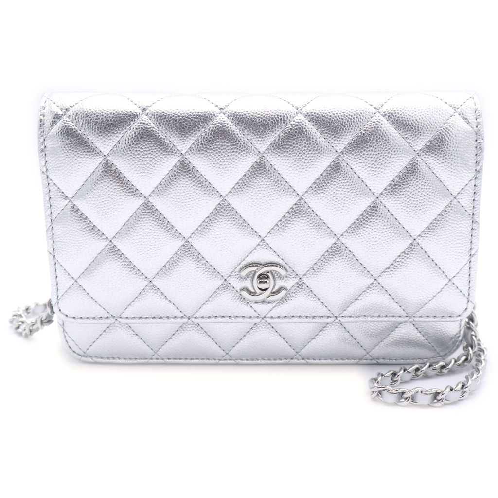 Chanel Quilted Caviar Leather Chain Wallet Shoulder Bag Silver Plate