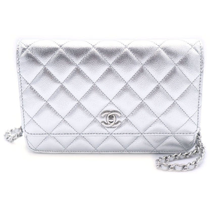 Chanel Quilted Caviar Leather Chain Wallet Shoulder Bag Silver Plate