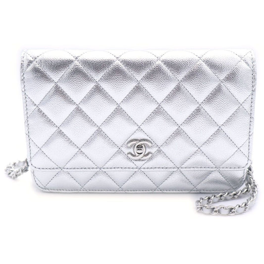 Chanel Quilted Caviar Leather Chain Wallet Shoulder Bag Silver Plate