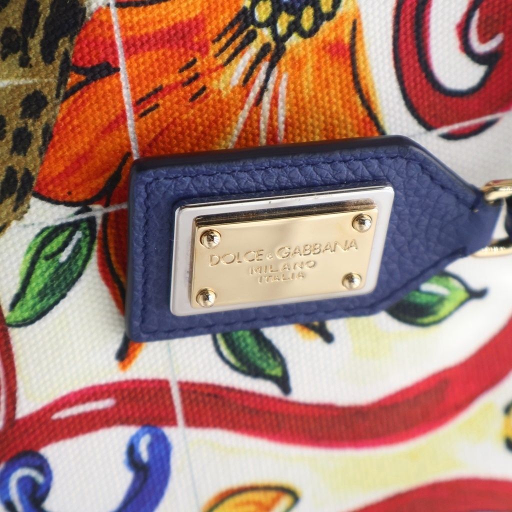 Dolce & Gabbana Beatrice Tote Sicilian Pattern Orange Blue Leather Canvas Gold — view 6
