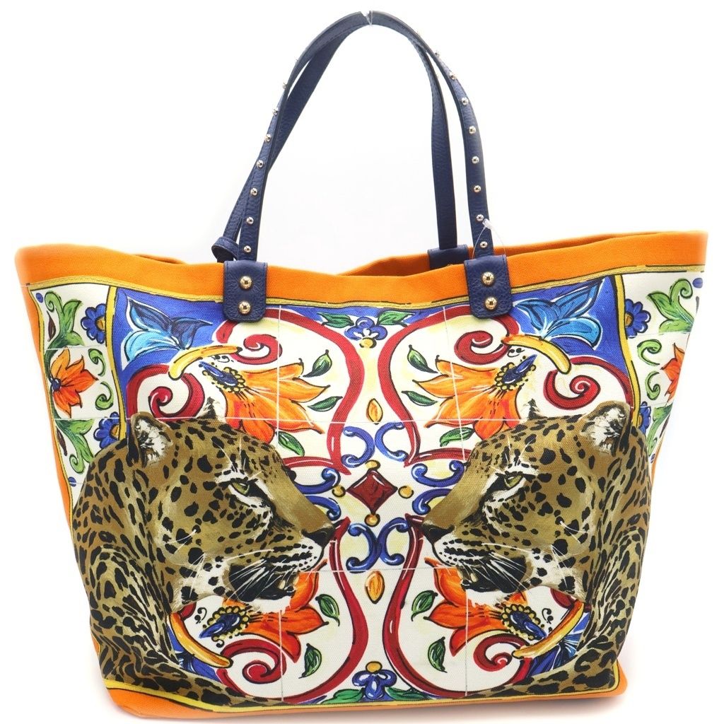 Dolce & Gabbana Beatrice Tote Sicilian Pattern Orange Blue Leather Canvas Gold — view 2