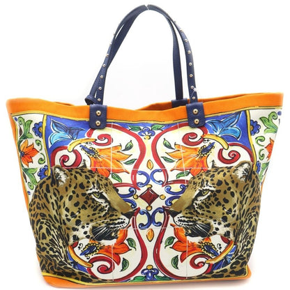 Dolce & Gabbana Beatrice Tote Sicilian Pattern Orange Blue Leather Canvas Gold — view 2